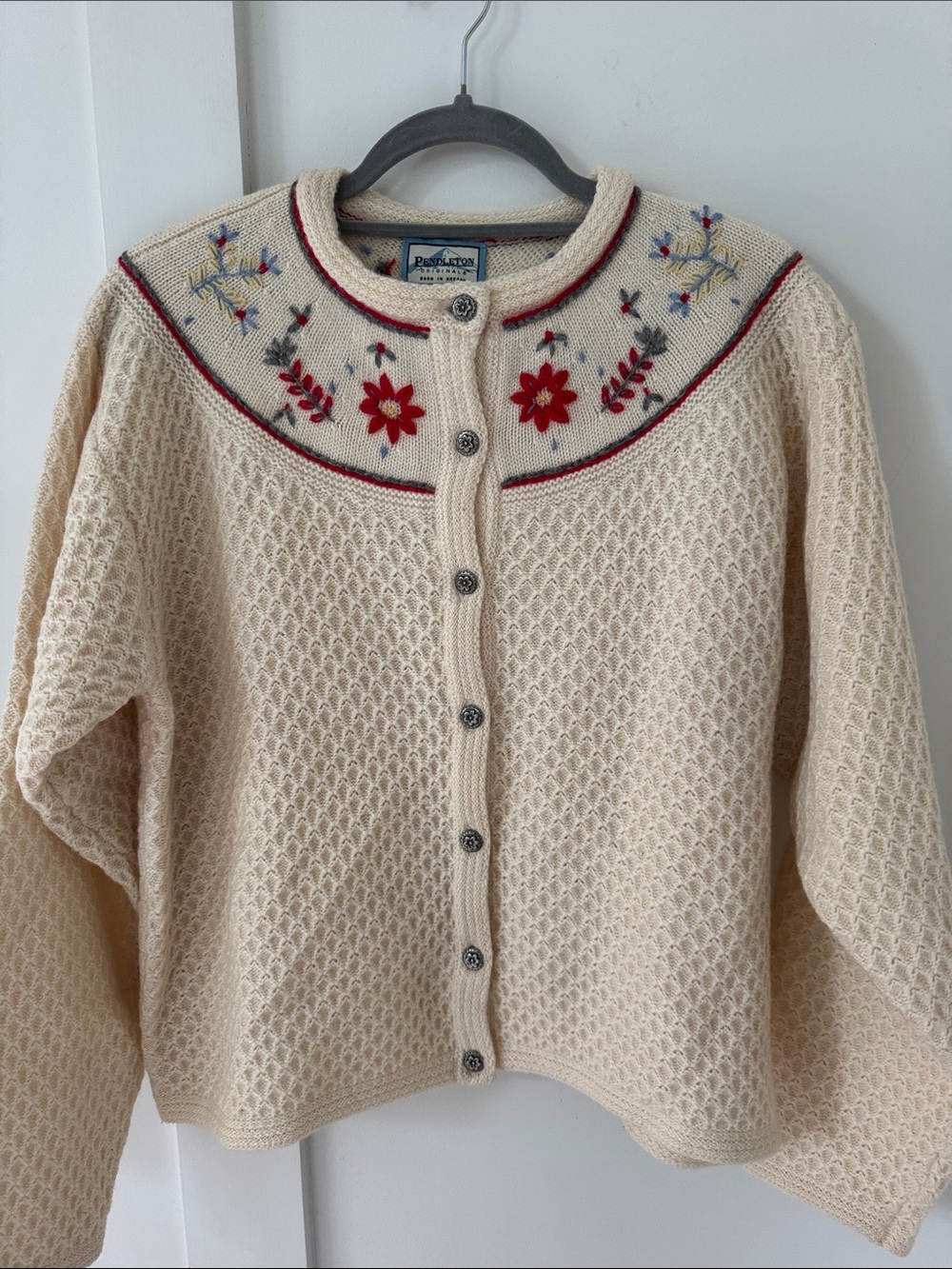 Pendleton Originals Wool Floral Embroidered Button Front Cardigan Sweater M